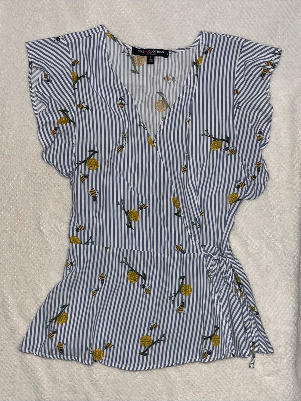 one clothing Blue and White Striped Wrap Top with Yellow Floral Print